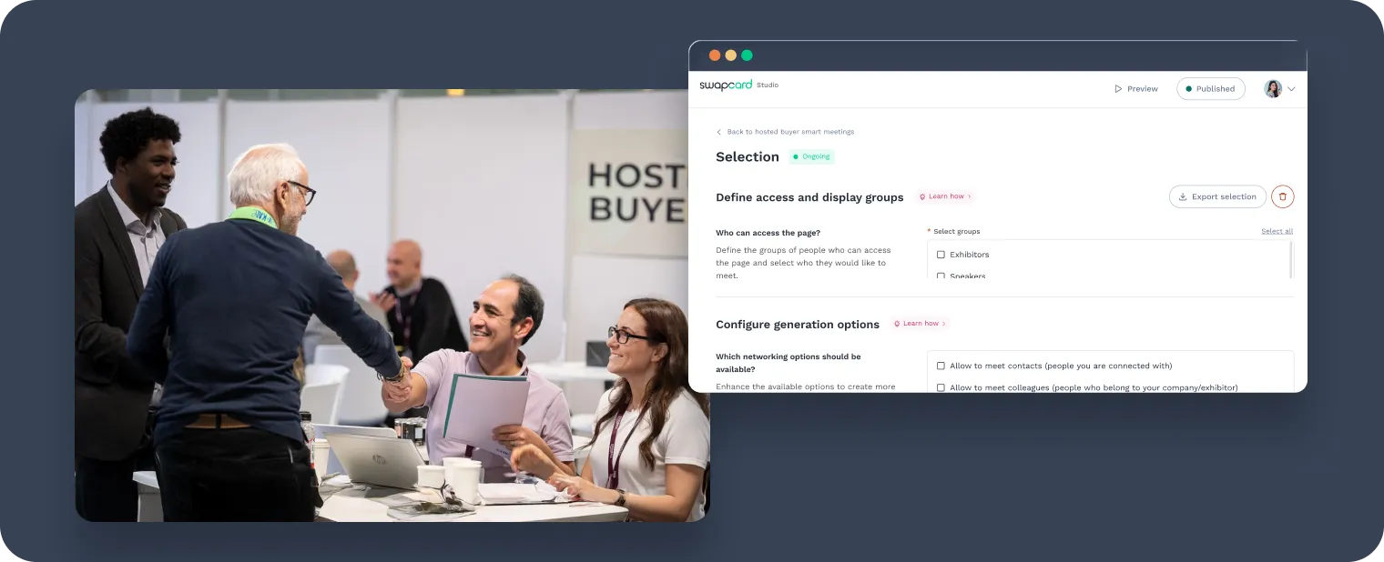 buyer and seller shaking hands at a hosted buyer program at an event
